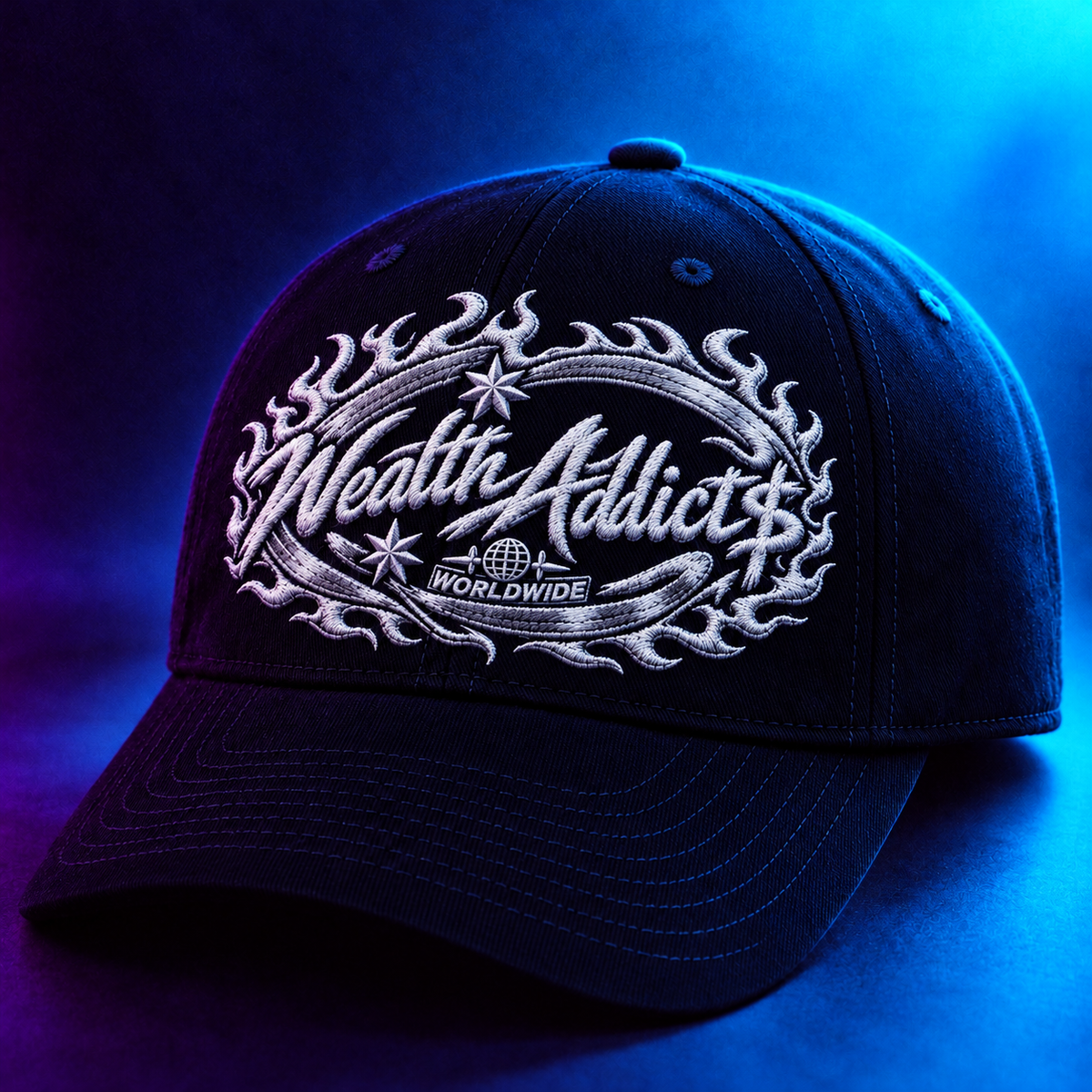 Black Wealth Addicts embroidered cap with blue and purple lighting