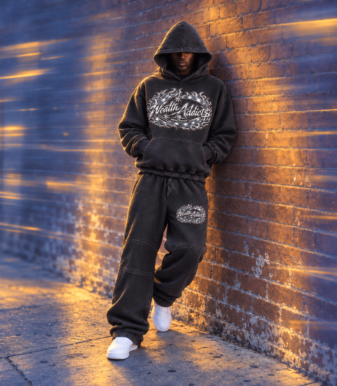 Wealth Addict$ hoodie and joggers campaign with blue and gold lighting